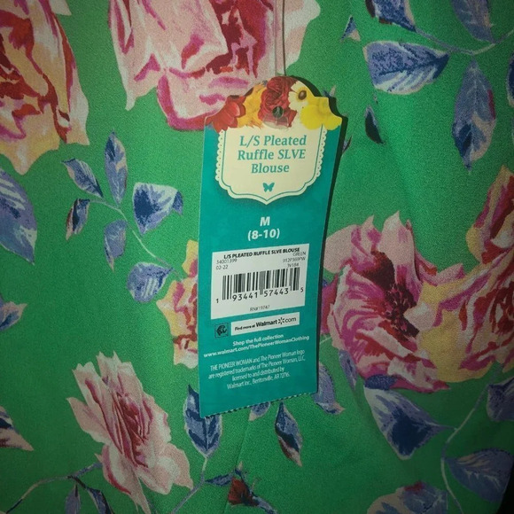 Pioneer WOMAN Sz M Women's Green Floral 3/4 Sleeve Ruffles High Low Hem Blouse - Picture 2 of 6
